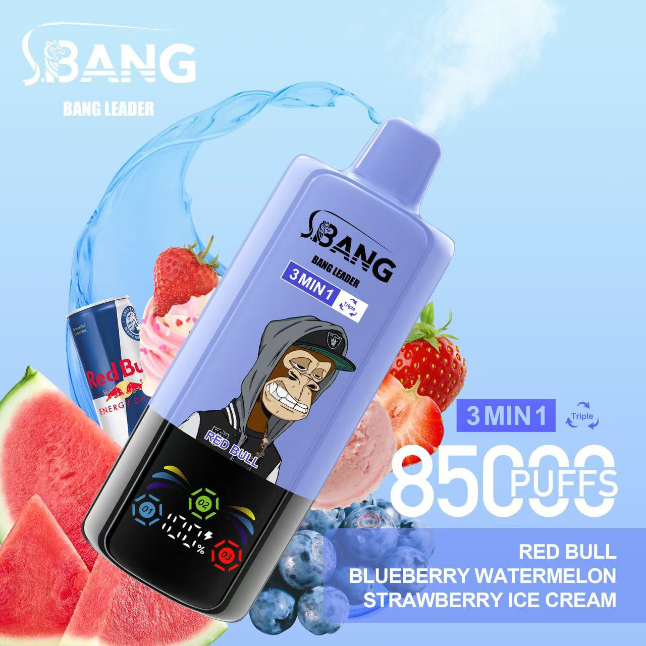 Bang Leader 85000 Puffs 3 in 1 Vape – Triple Flavors in Every Hit | Smart Screen, Mesh Coil, Type-C Rechargeable