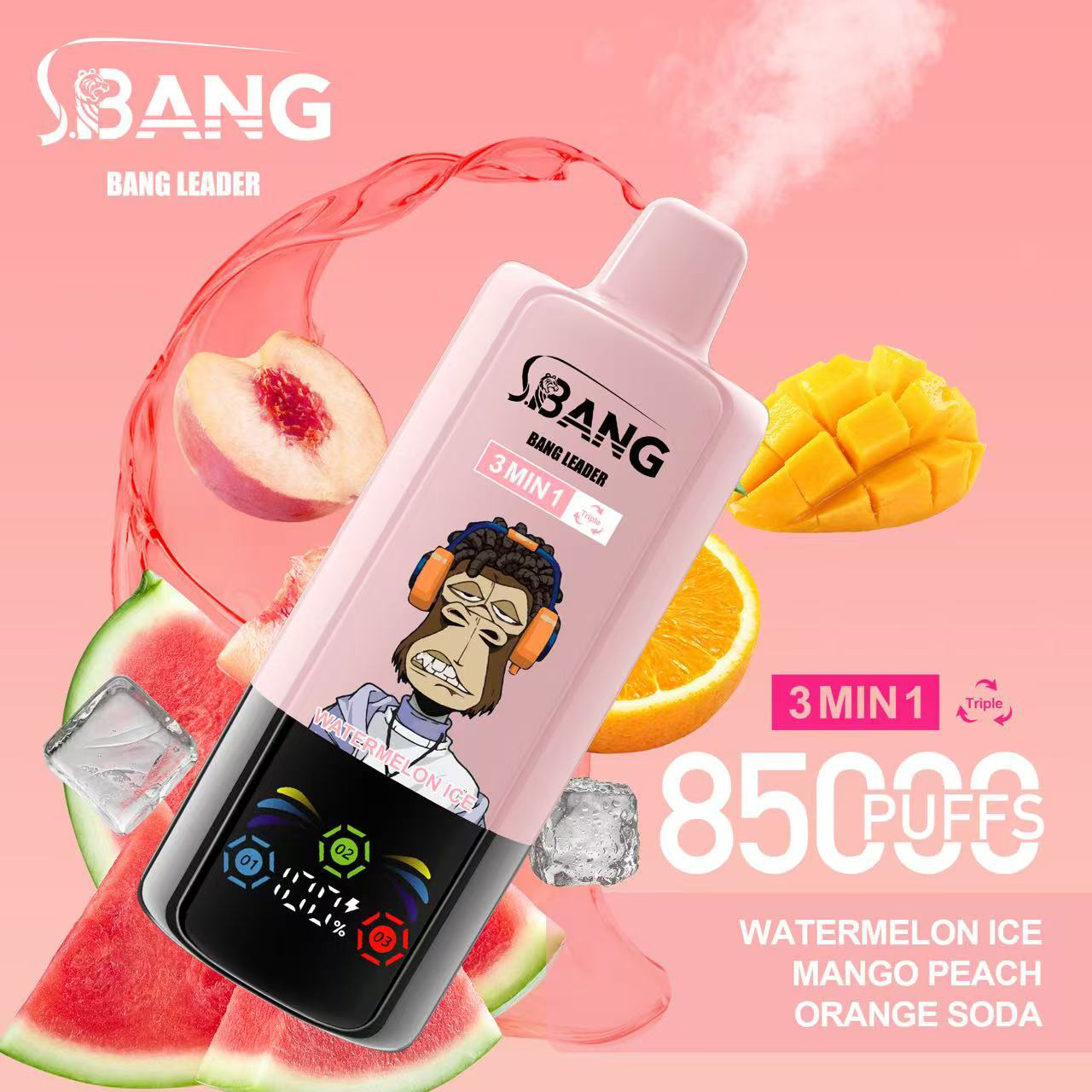 Bang Leader 85000 Puffs 3 in 1 Vape – Triple Flavors in Every Hit | Smart Screen, Mesh Coil, Type-C Rechargeable