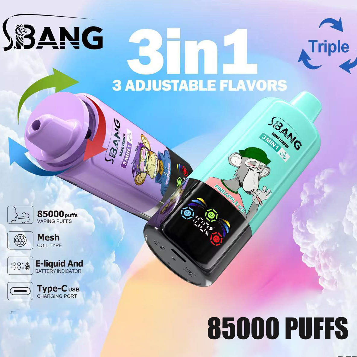 Bang Leader 85000 Puffs 3 in 1 Vape – Triple Flavors in Every Hit | Smart Screen, Mesh Coil, Type-C Rechargeable