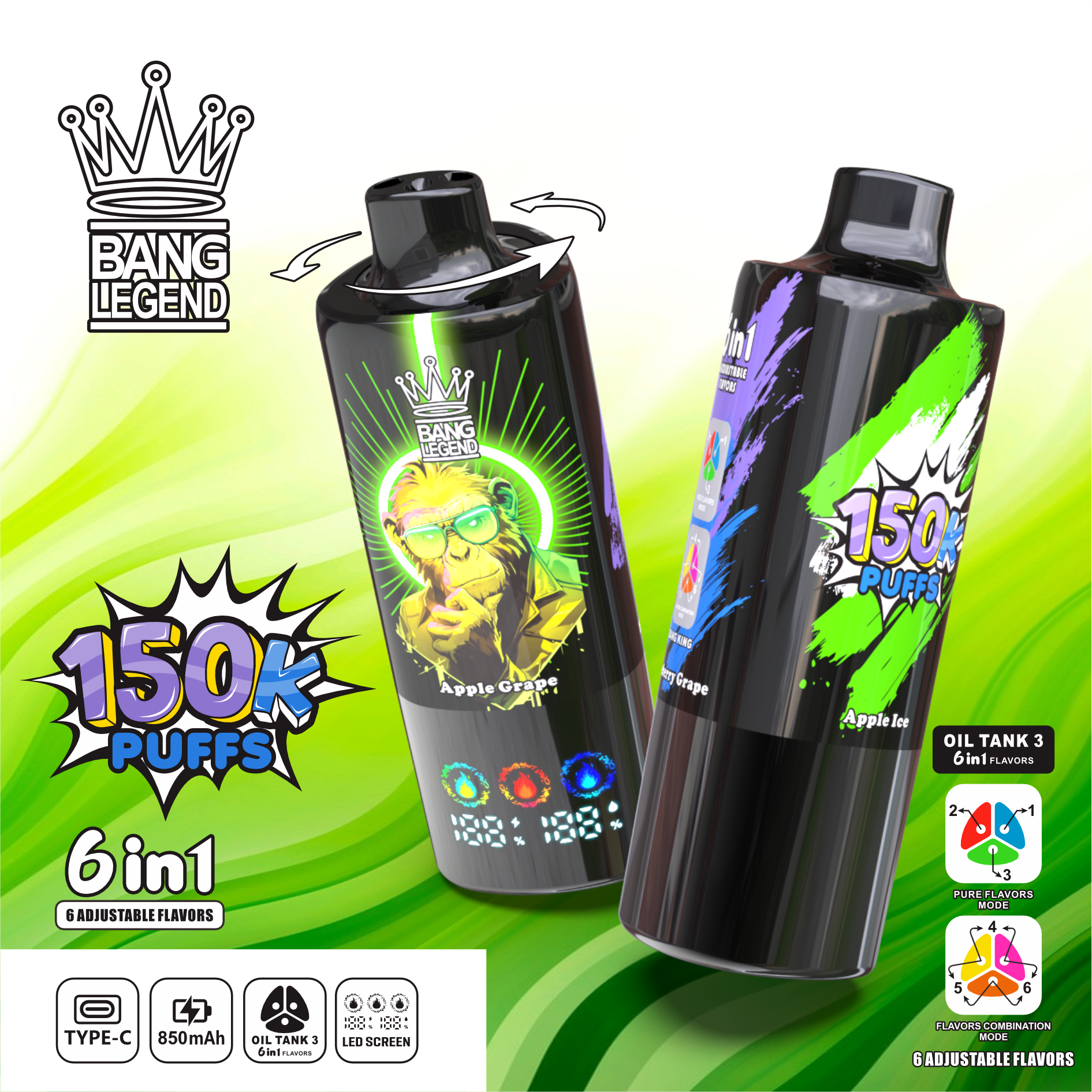 Bang Legend 150000 150K Puffs 6 in 1 Flavors Disposable Vape – Rechargeable, LED Display, Mesh Coil, 12 Flavor Options
