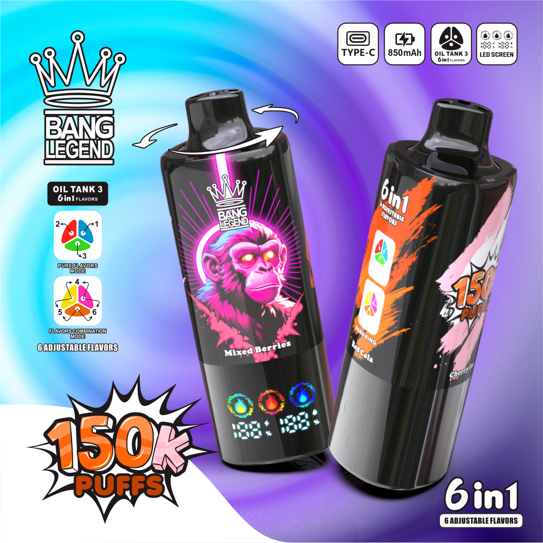 Bang Legend 150000 150K Puffs 6 in 1 Flavors Disposable Vape – Rechargeable, LED Display, Mesh Coil, 12 Flavor Options