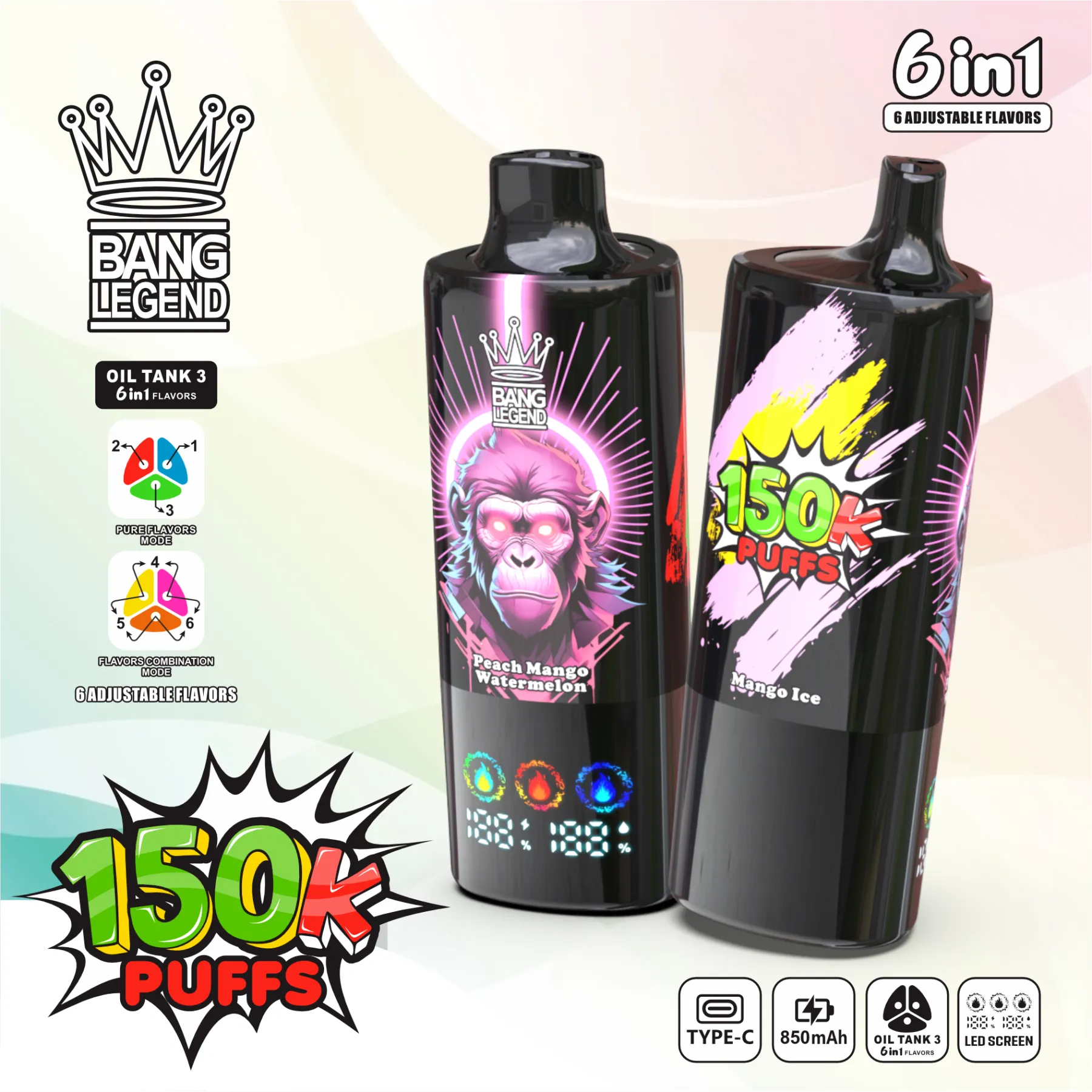 Bang Legend 150000 150K Puffs 6 in 1 Flavors Disposable Vape – Rechargeable, LED Display, Mesh Coil, 12 Flavor Options