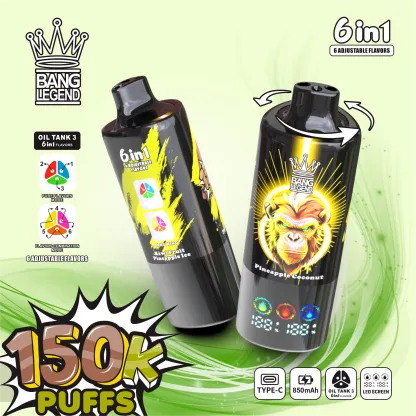 Bang Legend 150000 150K Puffs 6 in 1 Flavors Disposable Vape – Rechargeable, LED Display, Mesh Coil, 12 Flavor Options