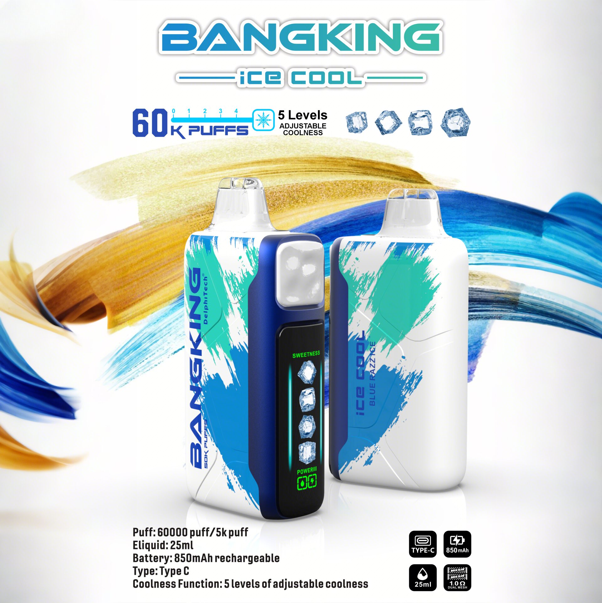 Bang King Ice Cool 60K Puffs – Adjustable Ice Level Disposable Vape, 25mL E-Liquid, 850mAh Rechargeable Battery, LED Display
