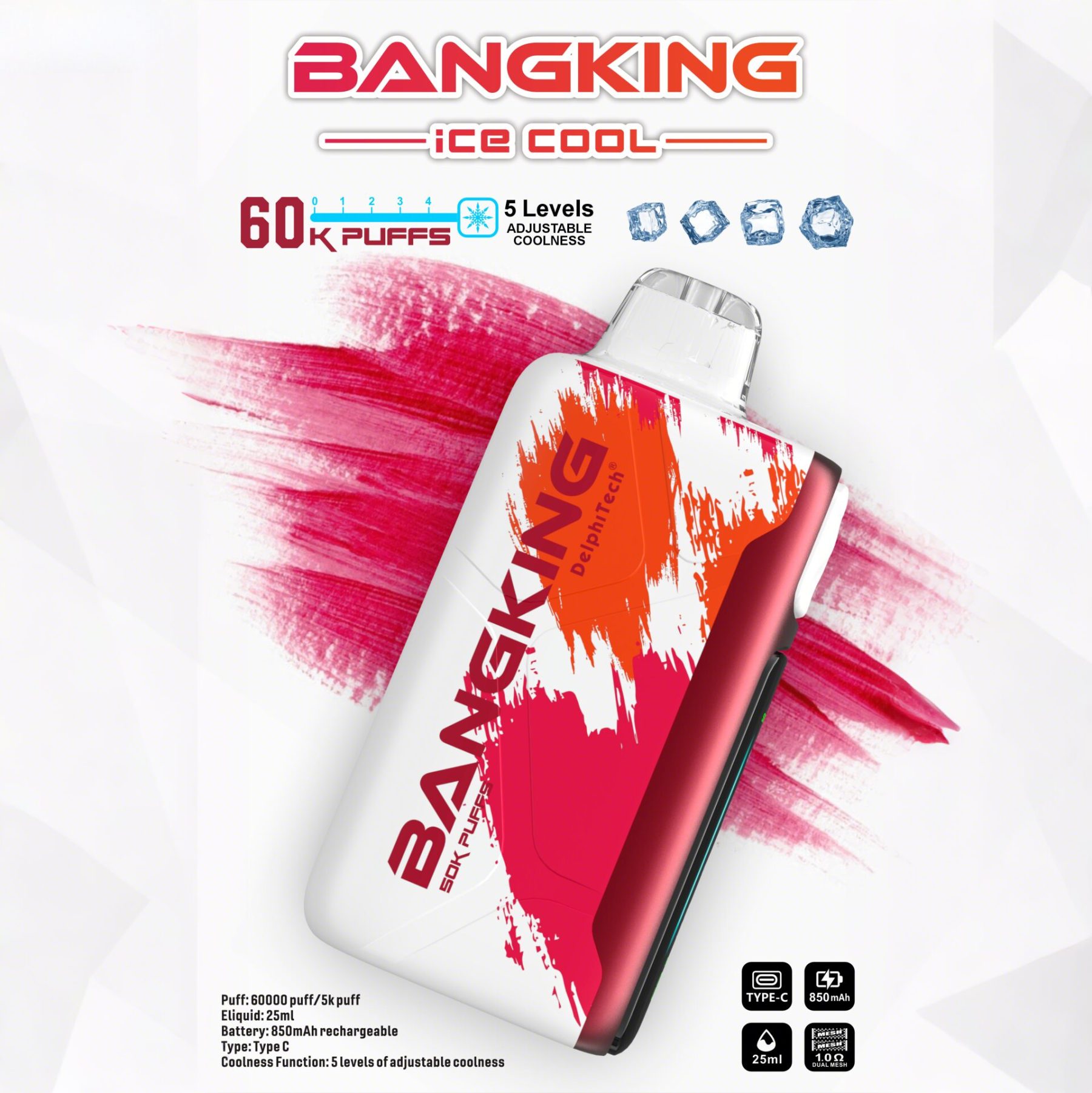Bang King Ice Cool 60K Puffs – Adjustable Ice Level Disposable Vape, 25mL E-Liquid, 850mAh Rechargeable Battery, LED Display