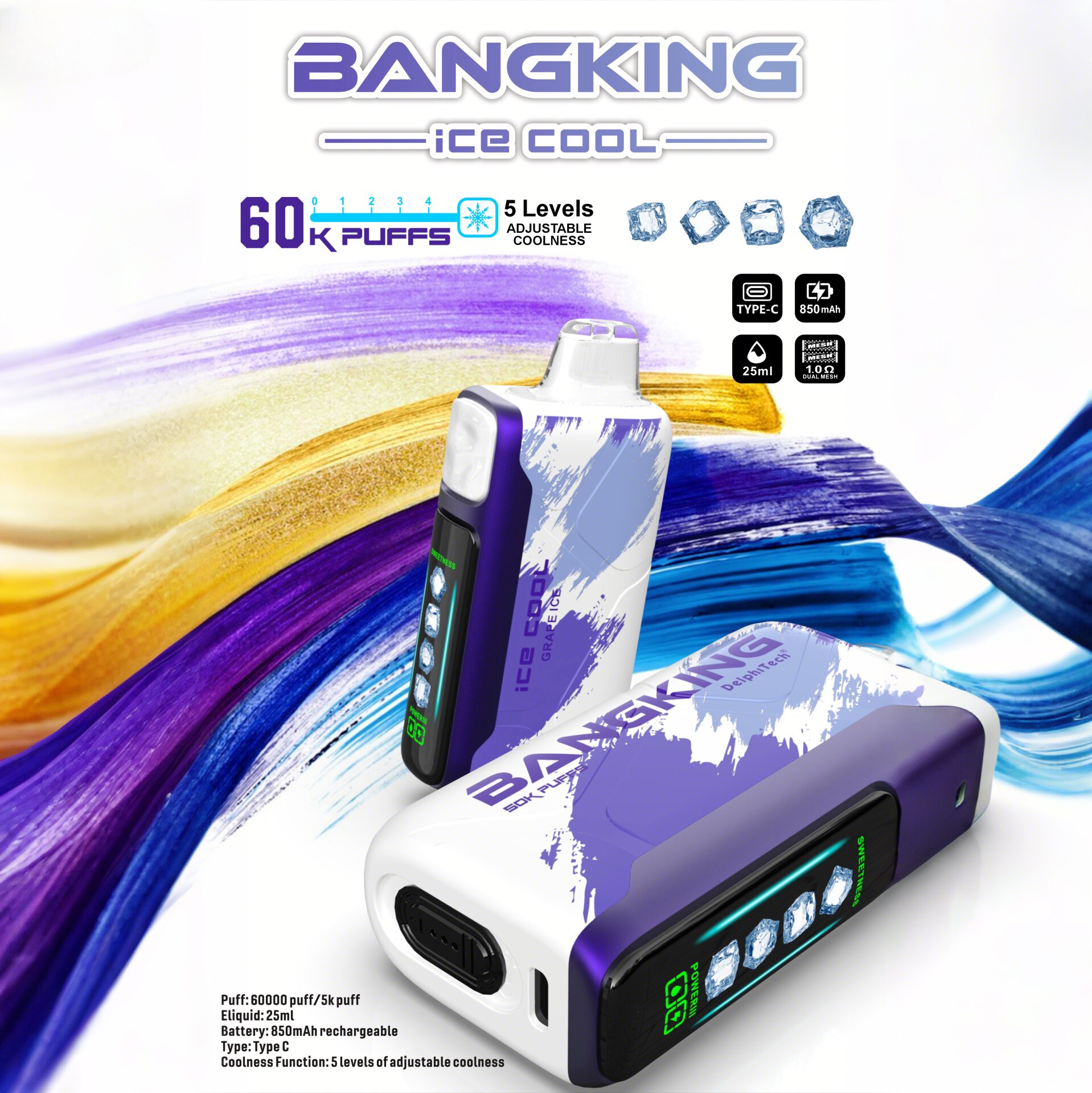 Bang King Ice Cool 60K Puffs – Adjustable Ice Level Disposable Vape, 25mL E-Liquid, 850mAh Rechargeable Battery, LED Display