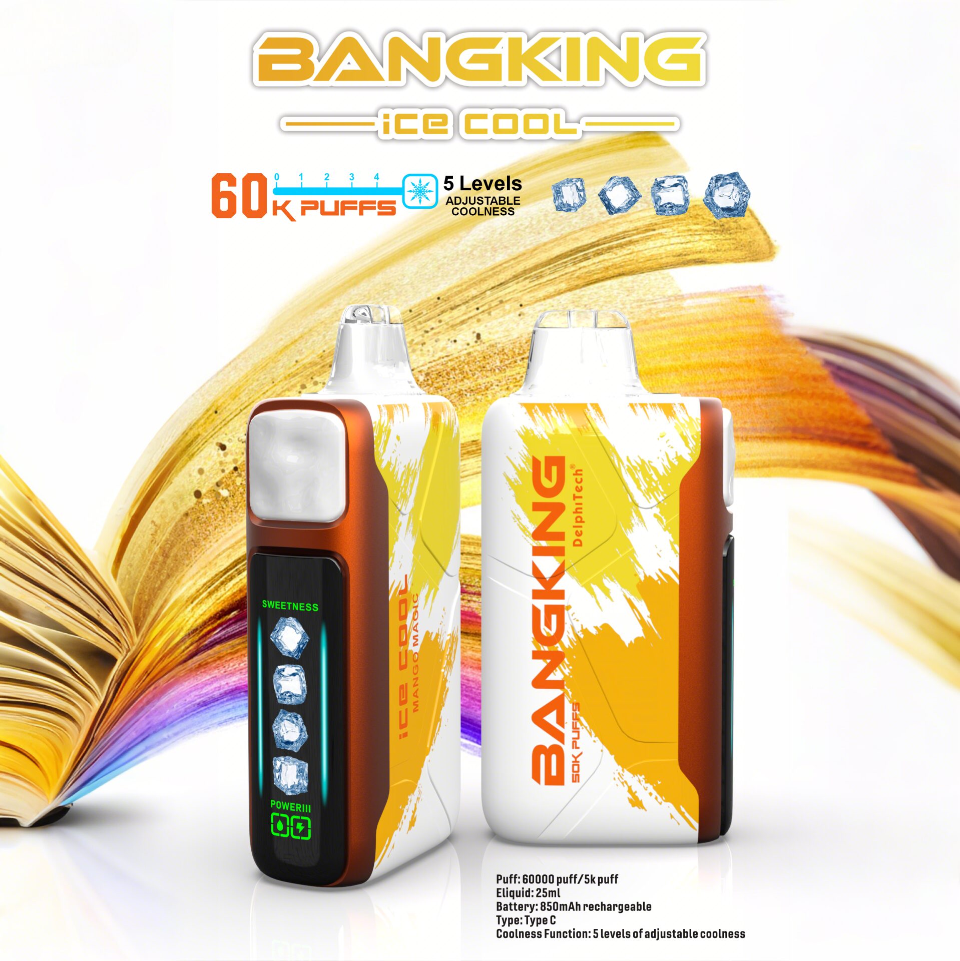 Bang King Ice Cool 60K Puffs – Adjustable Ice Level Disposable Vape, 25mL E-Liquid, 850mAh Rechargeable Battery, LED Display