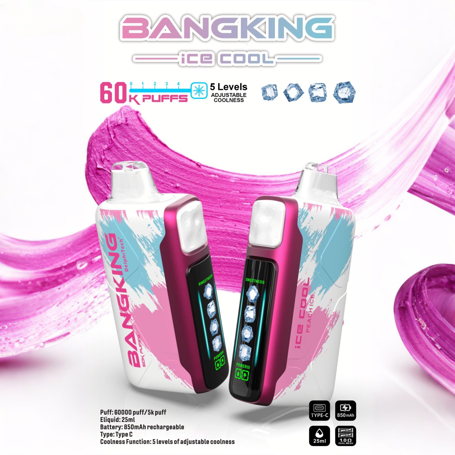 Bang King Ice Cool 60K Puffs – Adjustable Ice Level Disposable Vape, 25mL E-Liquid, 850mAh Rechargeable Battery, LED Display