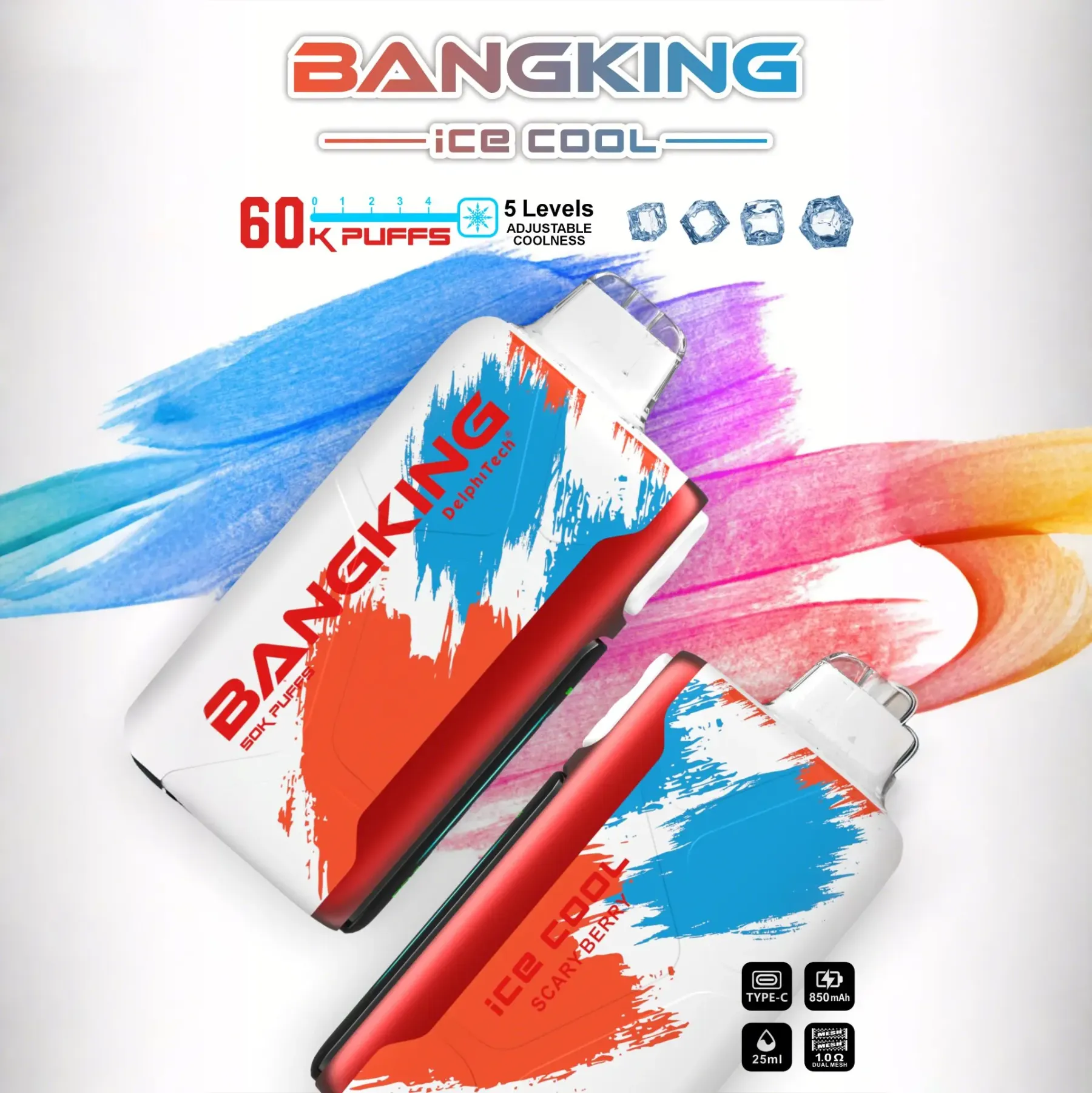 Bang King Ice Cool 60K Puffs – Adjustable Ice Level Disposable Vape, 25mL E-Liquid, 850mAh Rechargeable Battery, LED Display