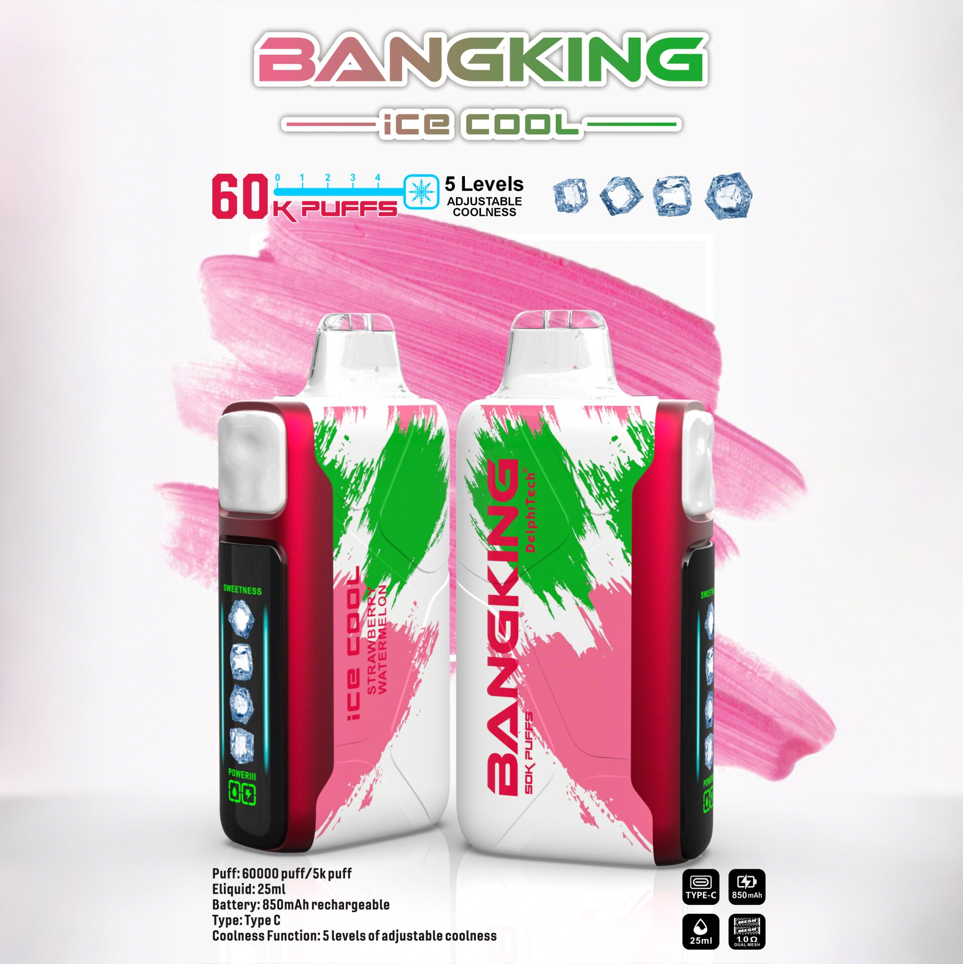 Bang King Ice Cool 60K Puffs – Adjustable Ice Level Disposable Vape, 25mL E-Liquid, 850mAh Rechargeable Battery, LED Display