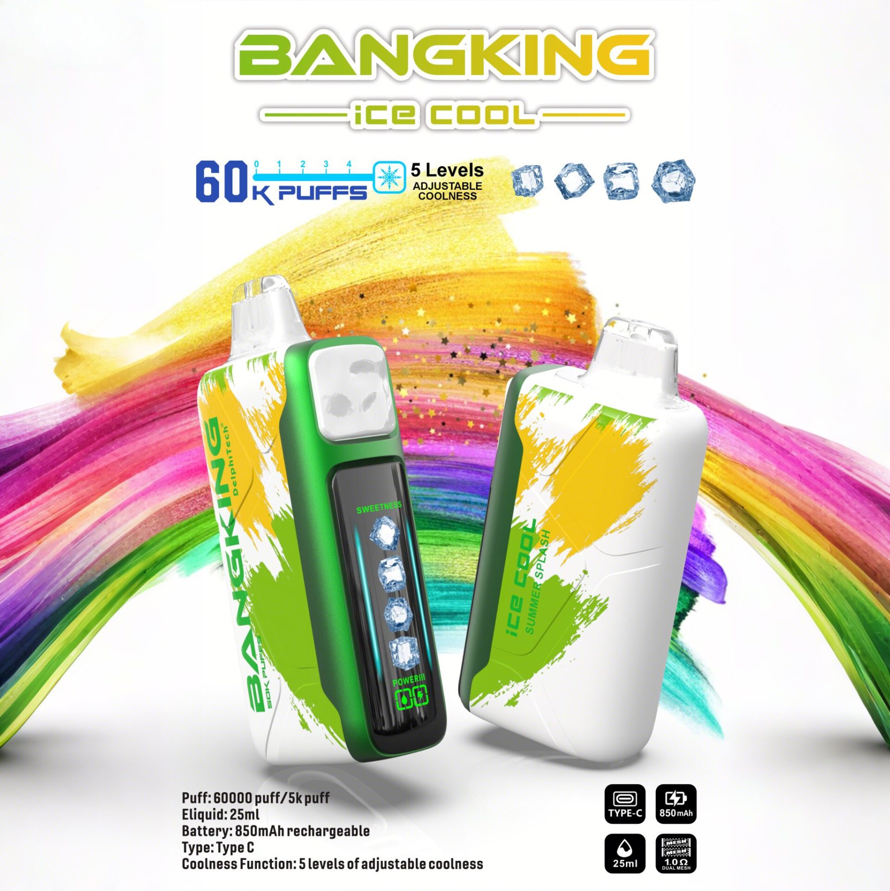 Bang King Ice Cool 60K Puffs – Adjustable Ice Level Disposable Vape, 25mL E-Liquid, 850mAh Rechargeable Battery, LED Display