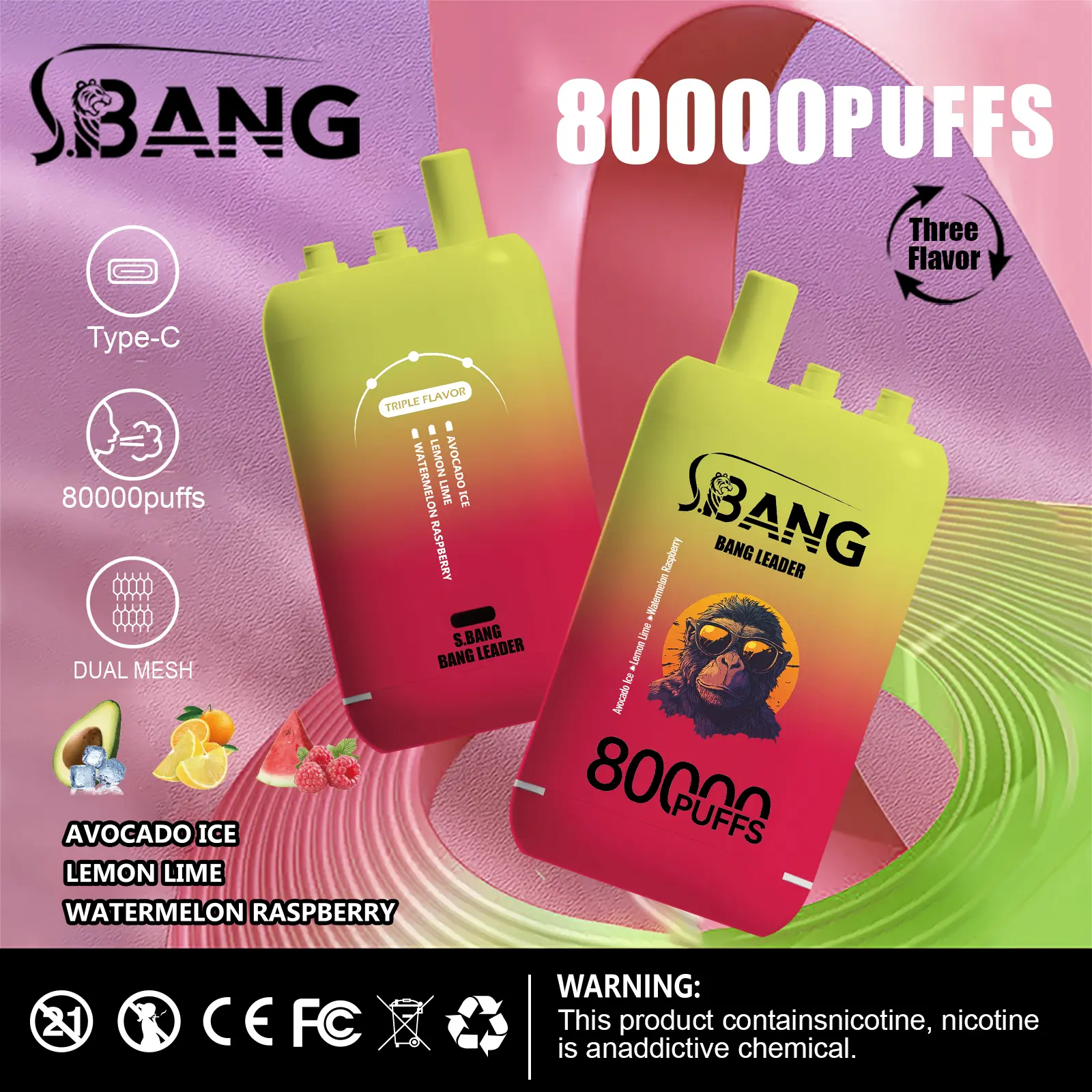 Bang Leader 80000 80K Puffs Rechargeable Disposable Vape – 3 in 1 Flavors, Mesh Coil, Type-C Fast Charging, 850mAh Battery