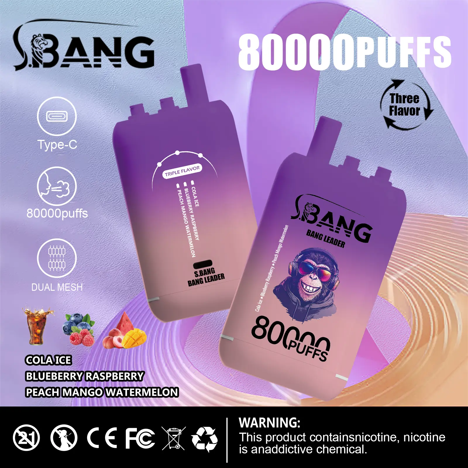 Bang Leader 80000 80K Puffs Rechargeable Disposable Vape – 3 in 1 Flavors, Mesh Coil, Type-C Fast Charging, 850mAh Battery
