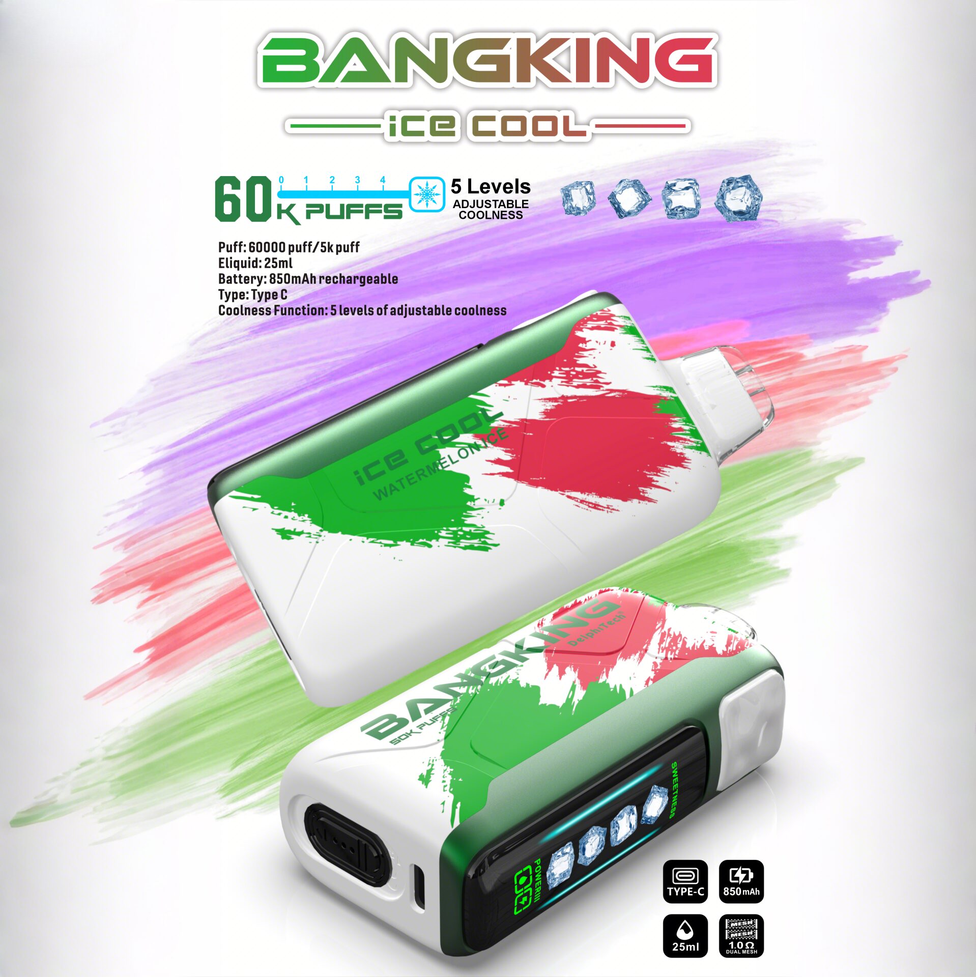Bang King Ice Cool 60K Puffs – Adjustable Ice Level Disposable Vape, 25mL E-Liquid, 850mAh Rechargeable Battery, LED Display