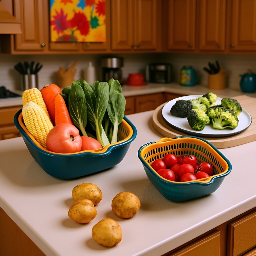 Küchenkorb aus Kunststoff, zweilagig, mit Abflusswanne und Sieb