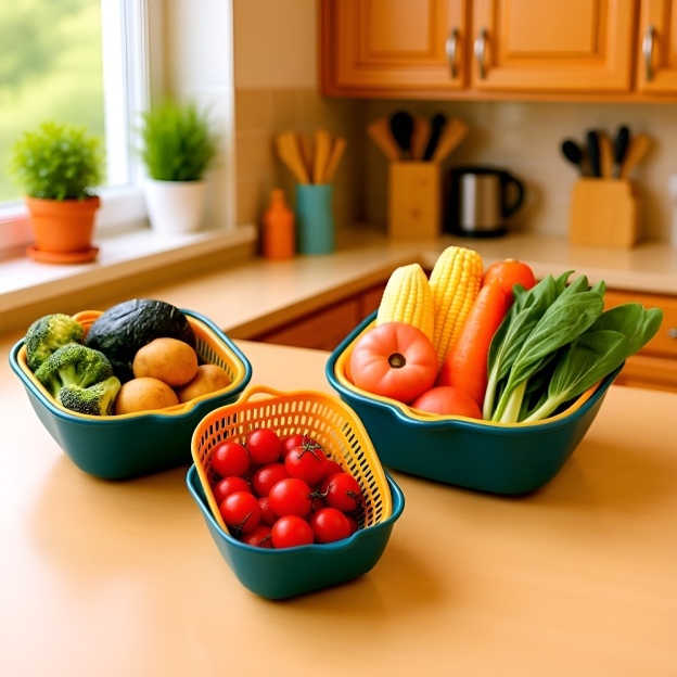 Küchenkorb aus Kunststoff, zweilagig, mit Abflusswanne und Sieb