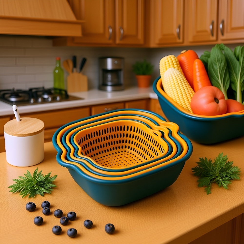 Küchenkorb aus Kunststoff, zweilagig, mit Abflusswanne und Sieb
