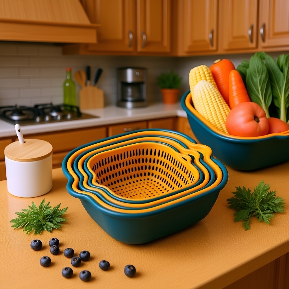 Küchenkorb aus Kunststoff, zweilagig, mit Abflusswanne und Sieb