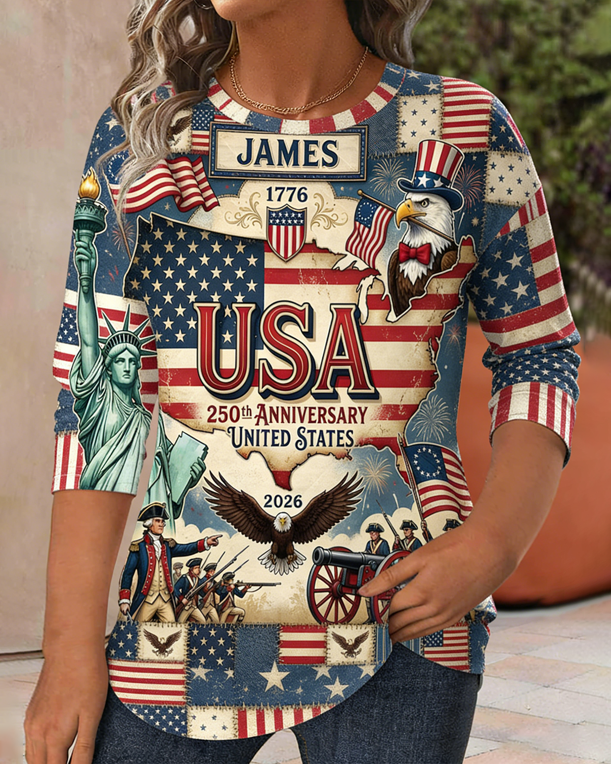 Women's Plus Size Retro 250th Anniversary Art Print Casual Long Sleeve Top