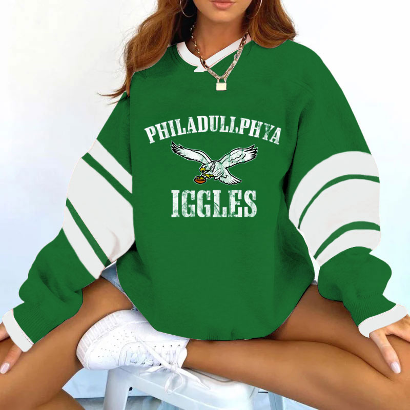 Vintage Philadelphia Eagles Football Print V-neck Long-Sleeve Sweatshirt