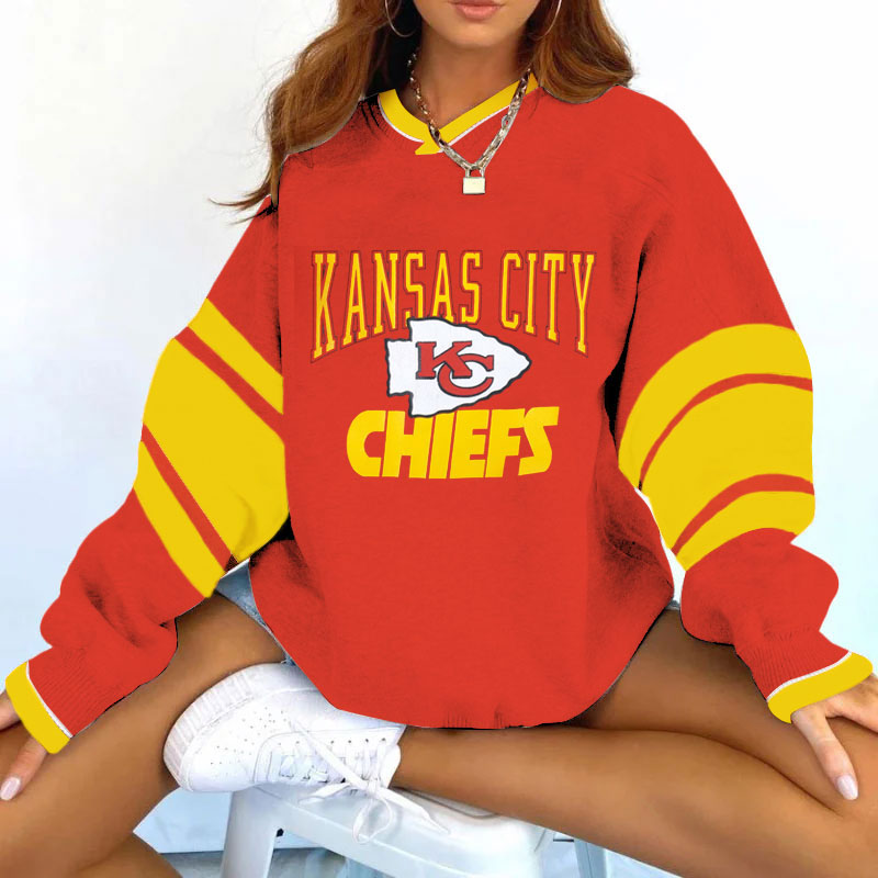 Vintage Kansas City Chiefs Football Print V-neck Long-Sleeve Sweatshirt