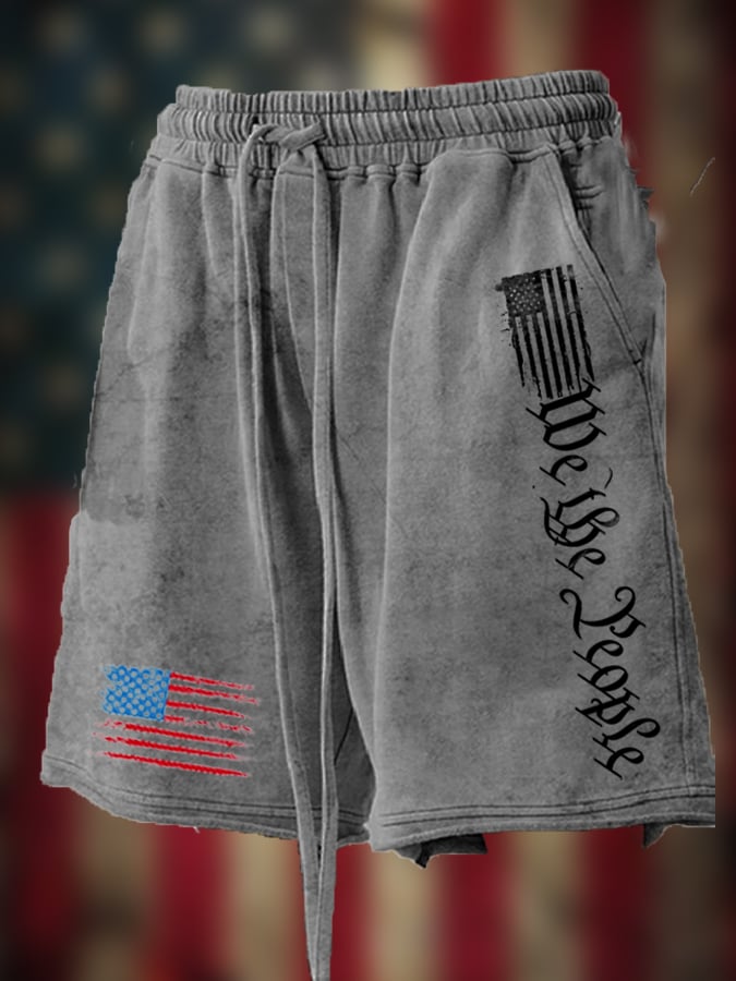 Men's Vintage Distressed Hem Independence Day Print Loose Shorts