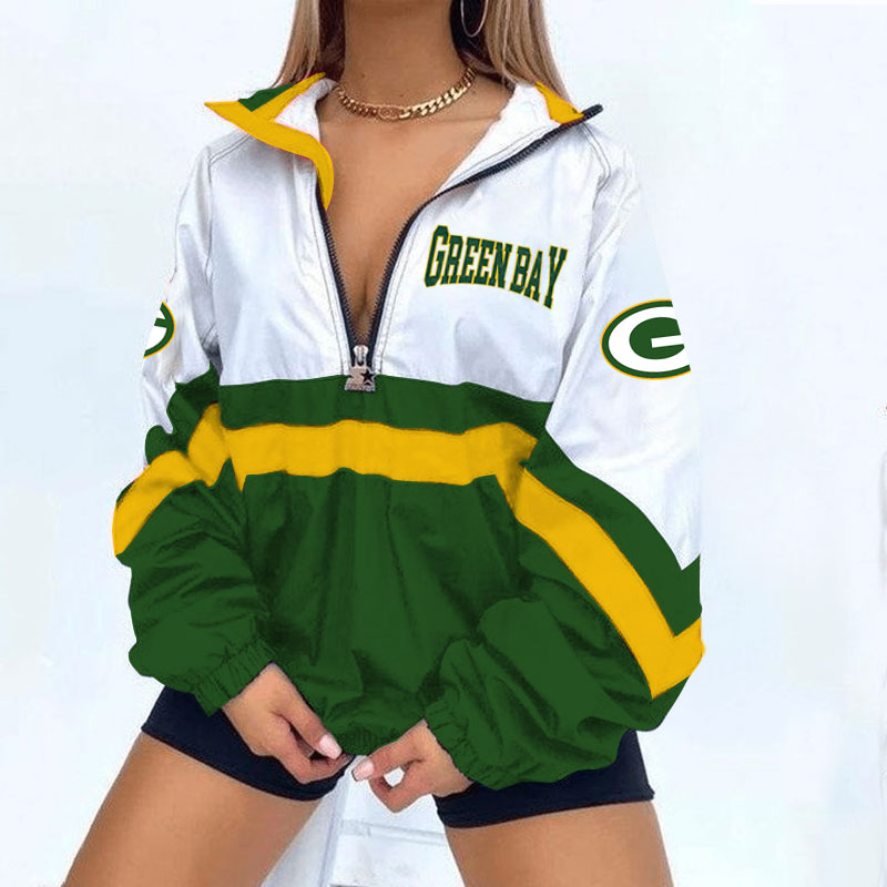 Green Bay Packers Football Print Zipper Long-Sleeve Sweatshirt