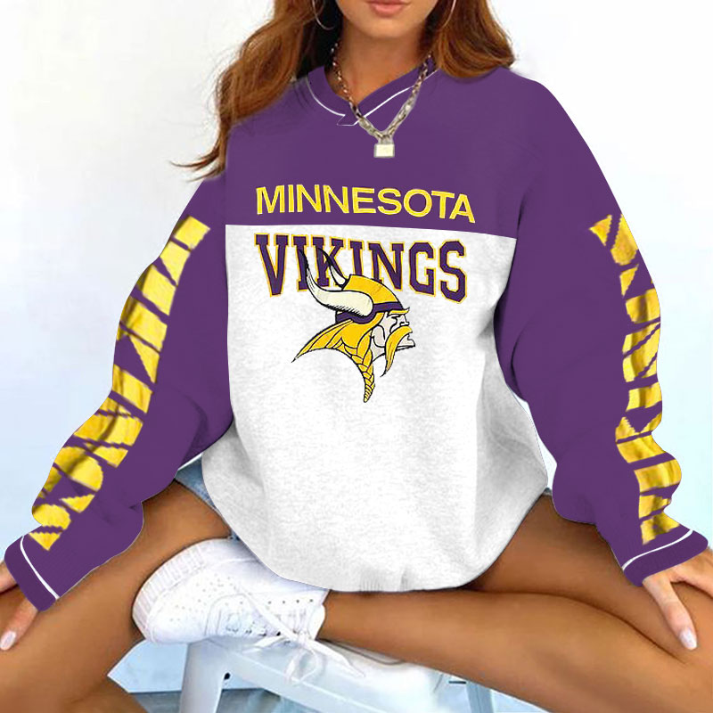 Vintage Minnesota Vikings Football Print V-neck Long-Sleeve Sweatshirt