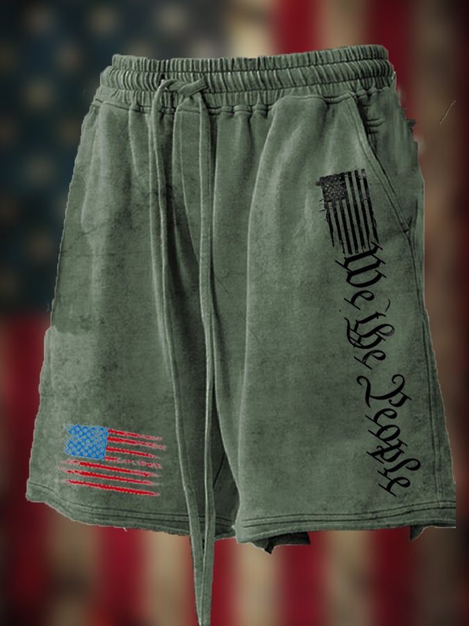 Men's Vintage Distressed Hem Independence Day Print Loose Shorts