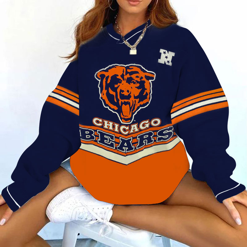 Vintage Chicago Bears Football Print V-neck Long-Sleeve Sweatshirt