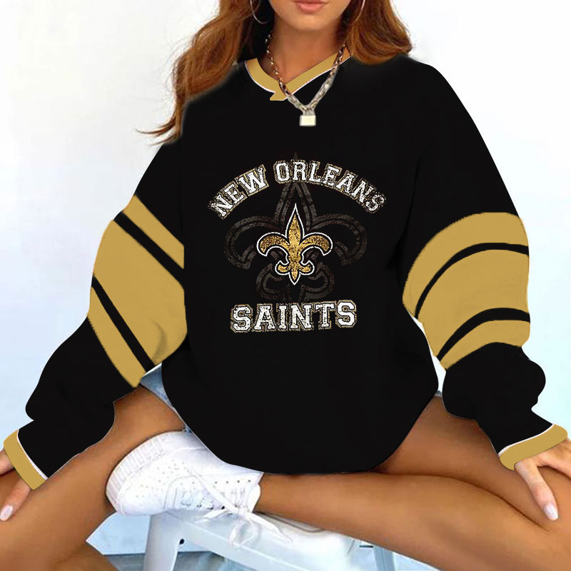 Vintage New Orleans Saints Football Print V-neck Long-Sleeve Sweatshirt