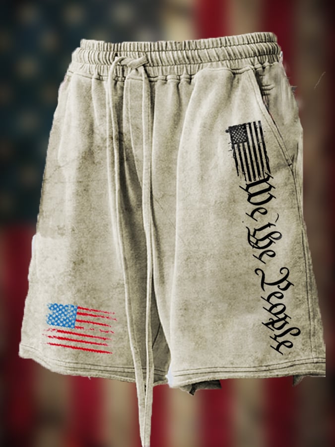 Men's Vintage Distressed Hem Independence Day Print Loose Shorts