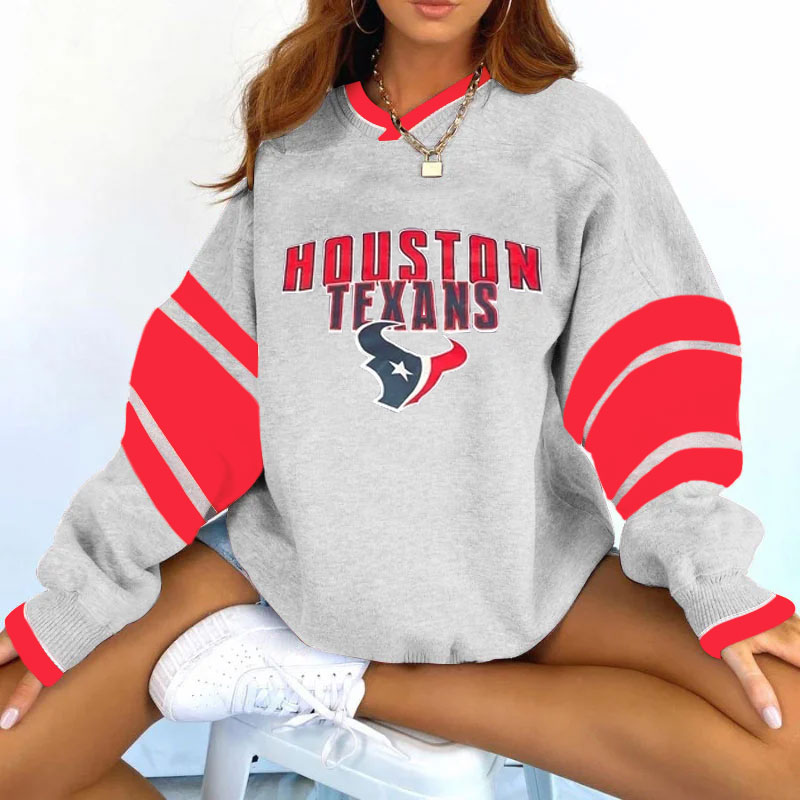 Vintage Houston Texans Football Print V-neck Long-Sleeve Sweatshirt