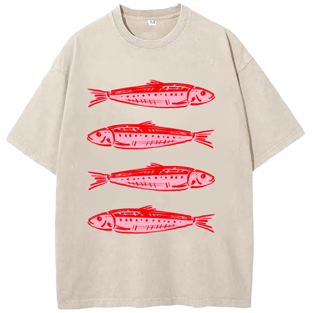 Ocean Retro-Style Sardines Washed T-Shirts