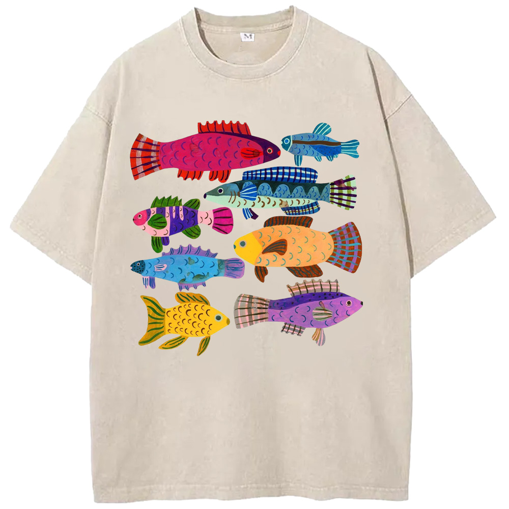 Ocean Vibrant Colorful Fish Illustrations In A Scandinavian Style Washed T-Shirts