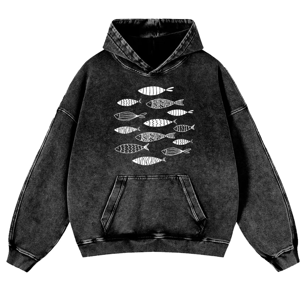 Ocean Simple Lines to Depict Artistic Fish Washed hoodie
