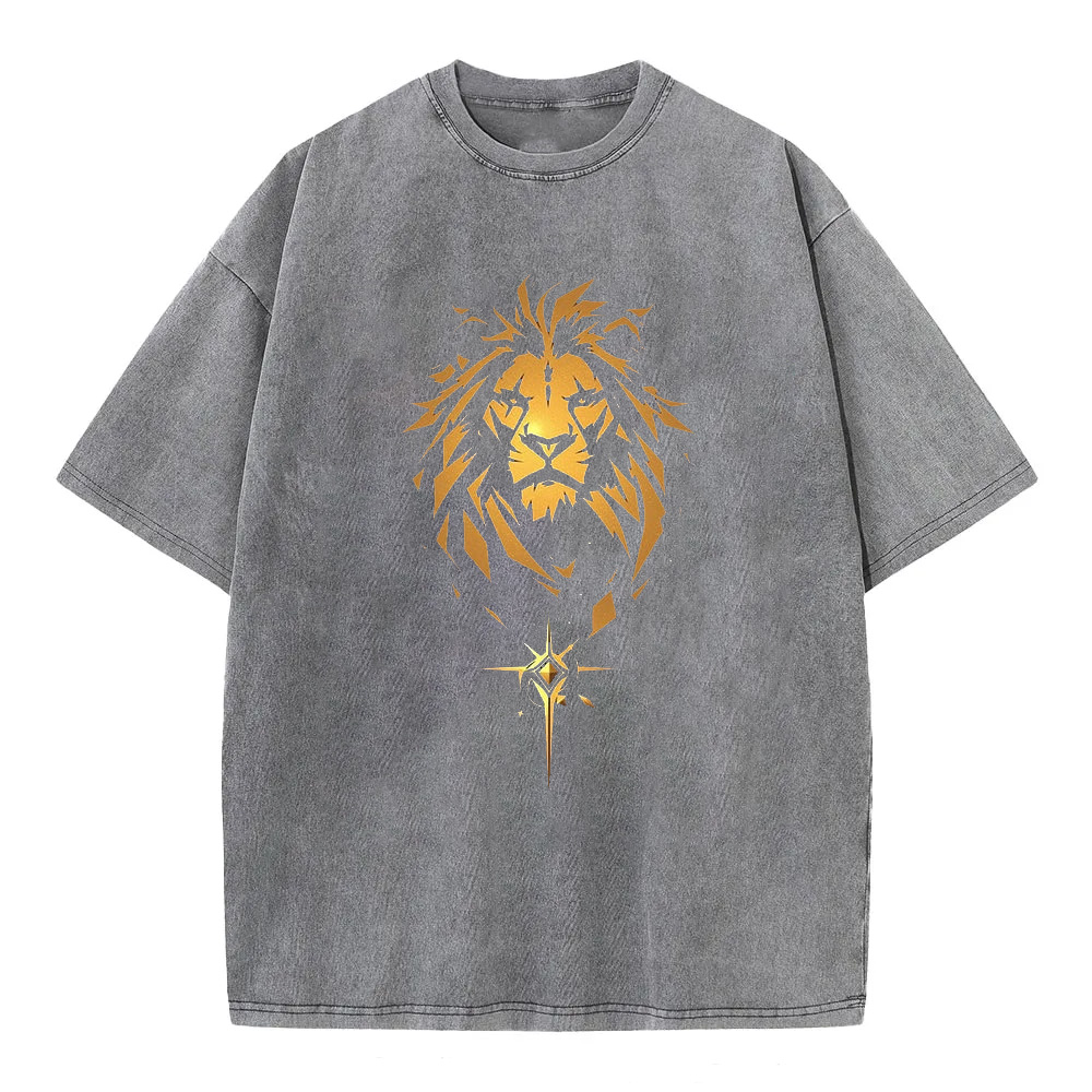 Men's Retro Lion Print Crew Neck Washed Short Sleeve T-Shirt