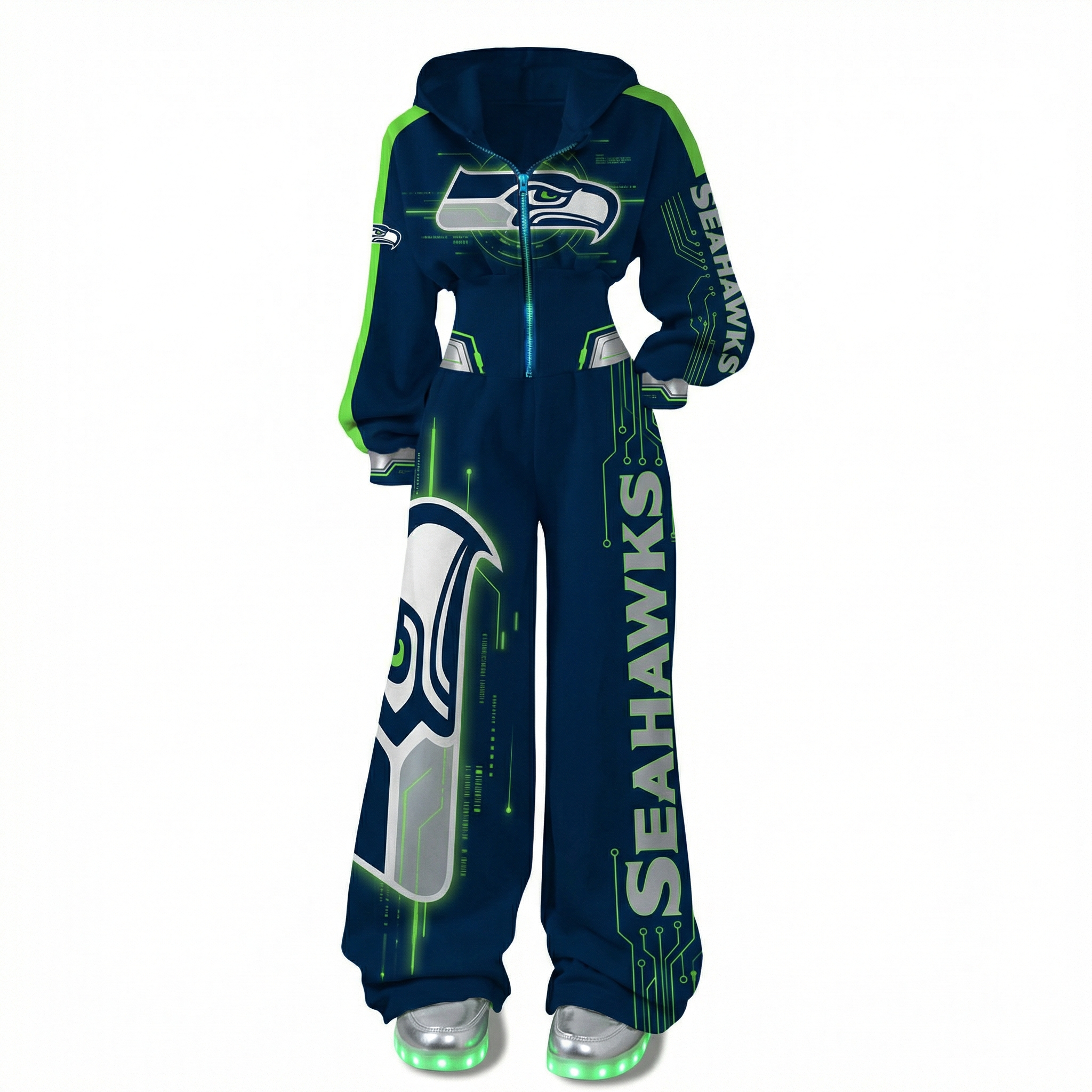 Retro Rock And Cyber-style Personalized Football Team Logo Printed Casual Hooded Jumpsuit