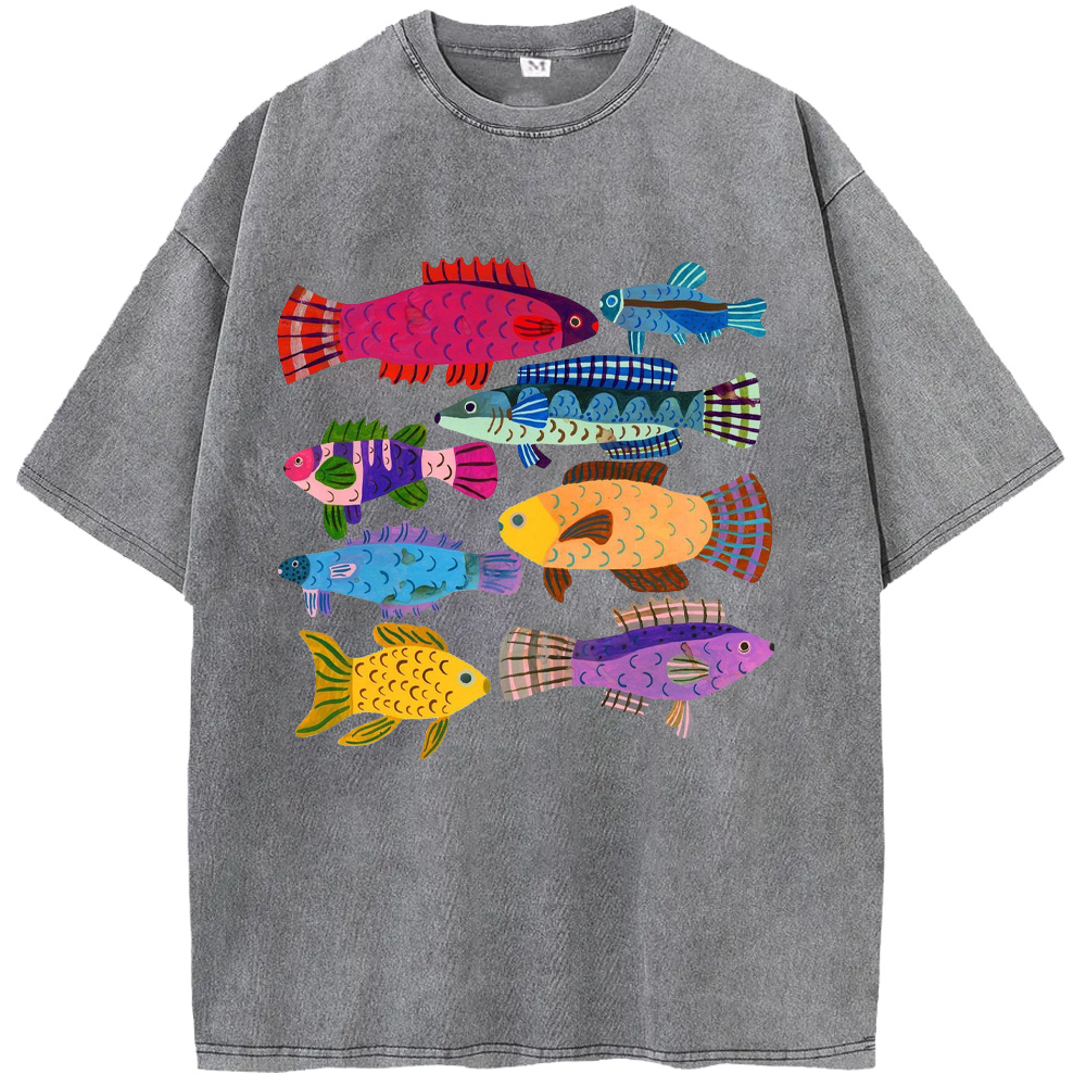 Ocean Vibrant Colorful Fish Illustrations In A Scandinavian Style Washed T-Shirts