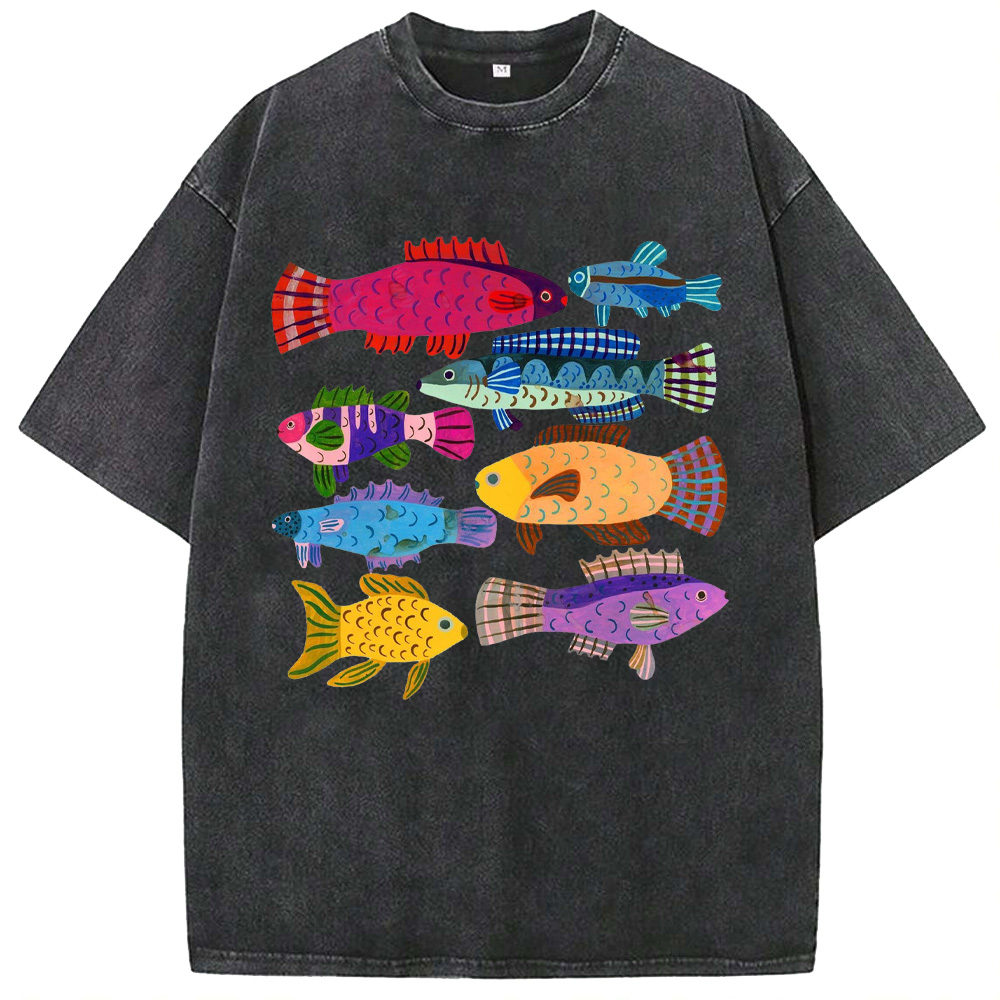 Ocean Vibrant Colorful Fish Illustrations In A Scandinavian Style Washed T-Shirts