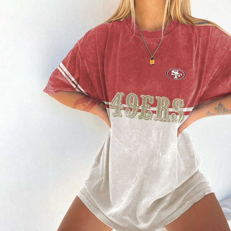 Women'S Vintage Round-Neck San Francisco 49ers Football Color Blocking Printed Short-Sleeved T-Shirt