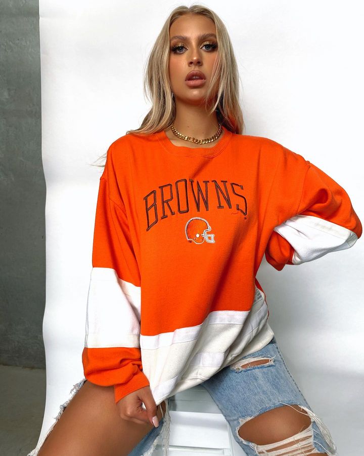 Vintage Cleveland Browns Football Print Round Neck Long-Sleeve Sweatshirt