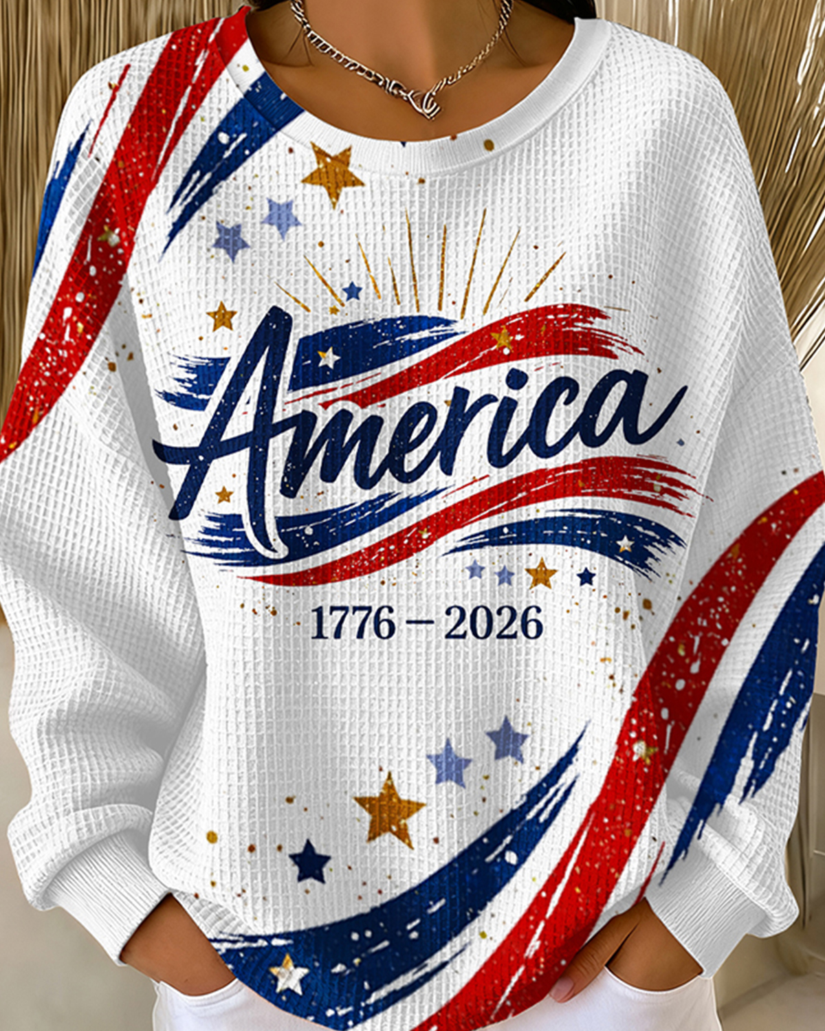 Women's Plus Size Retro American 250th Anniversary Printed Round Neck Long-Sleeved Top