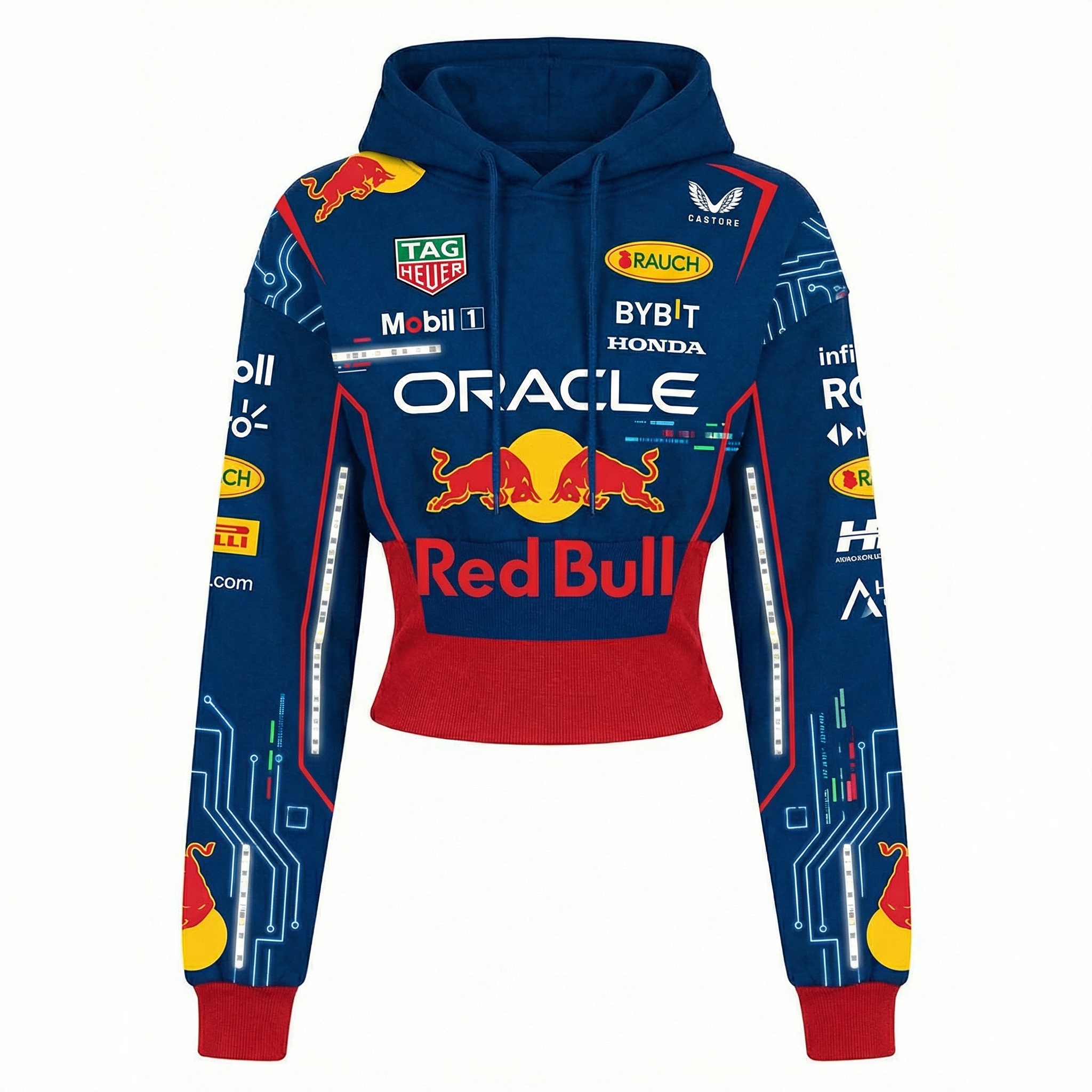 Women's Racing Team Logo Digitally Printed Hooded Sweatshirt With A Fitted Waist