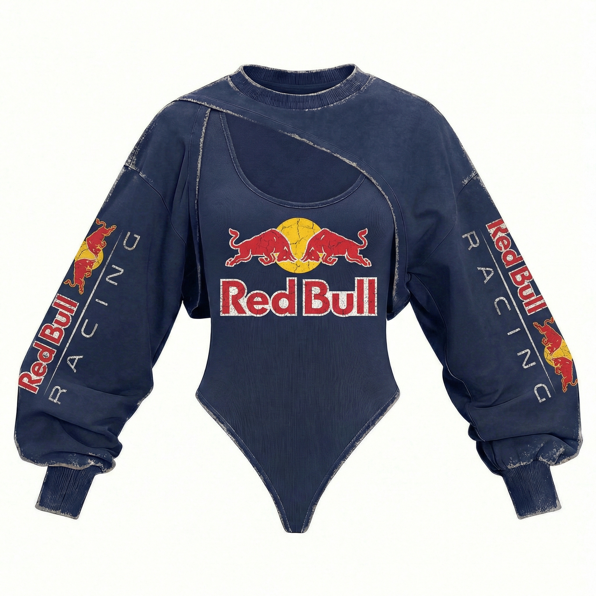 Women's Racing Team Logo Digitally Printed Tights Irregular Sweatshirt Set