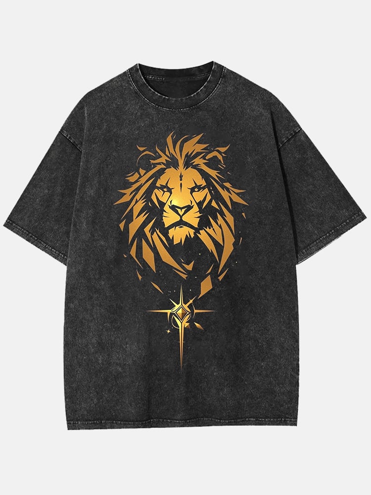 Men's Retro Lion Print Crew Neck Washed Short Sleeve T-Shirt