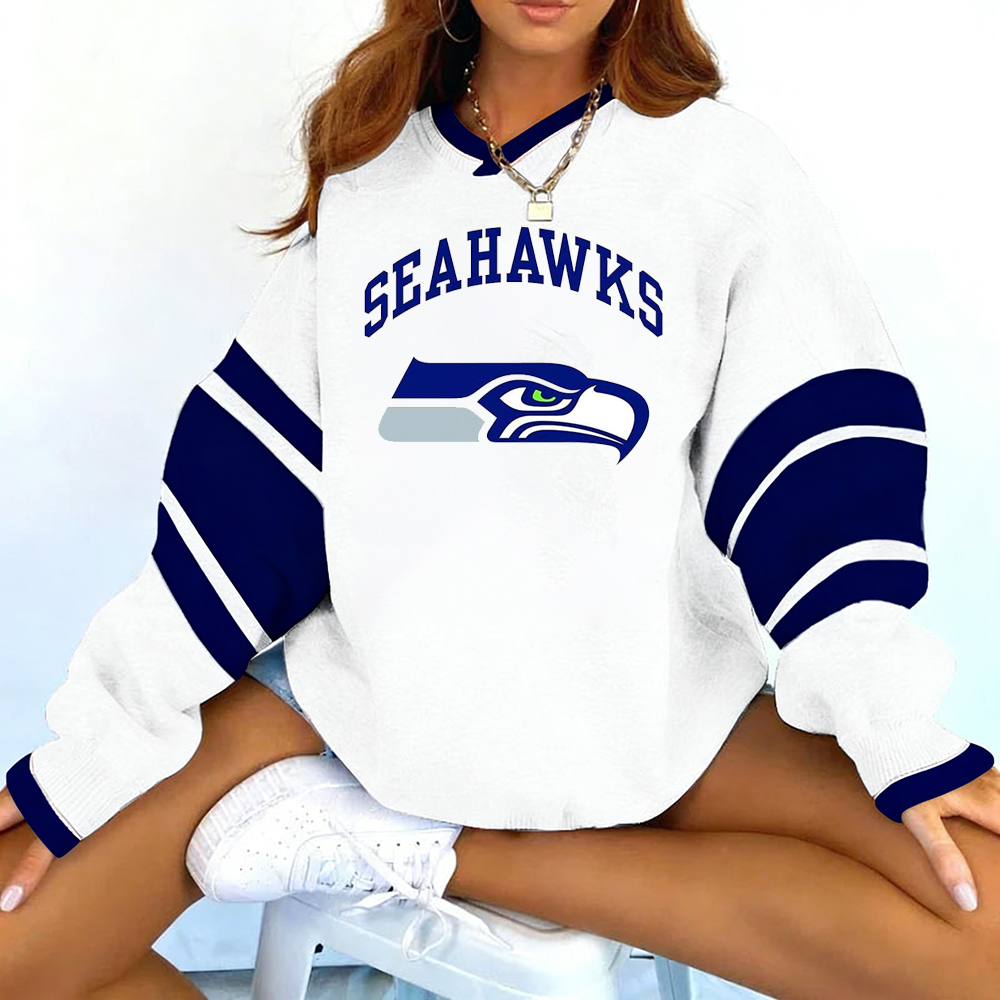 Seattle Seahawks Vintage Football V-Neck Sweatshirt – Oversized Game Day Pullover