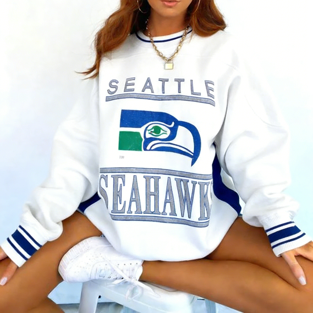 Women's Retro V-neck Seattle Seahawks Rugby Print Long-Sleeve Sweatshirt