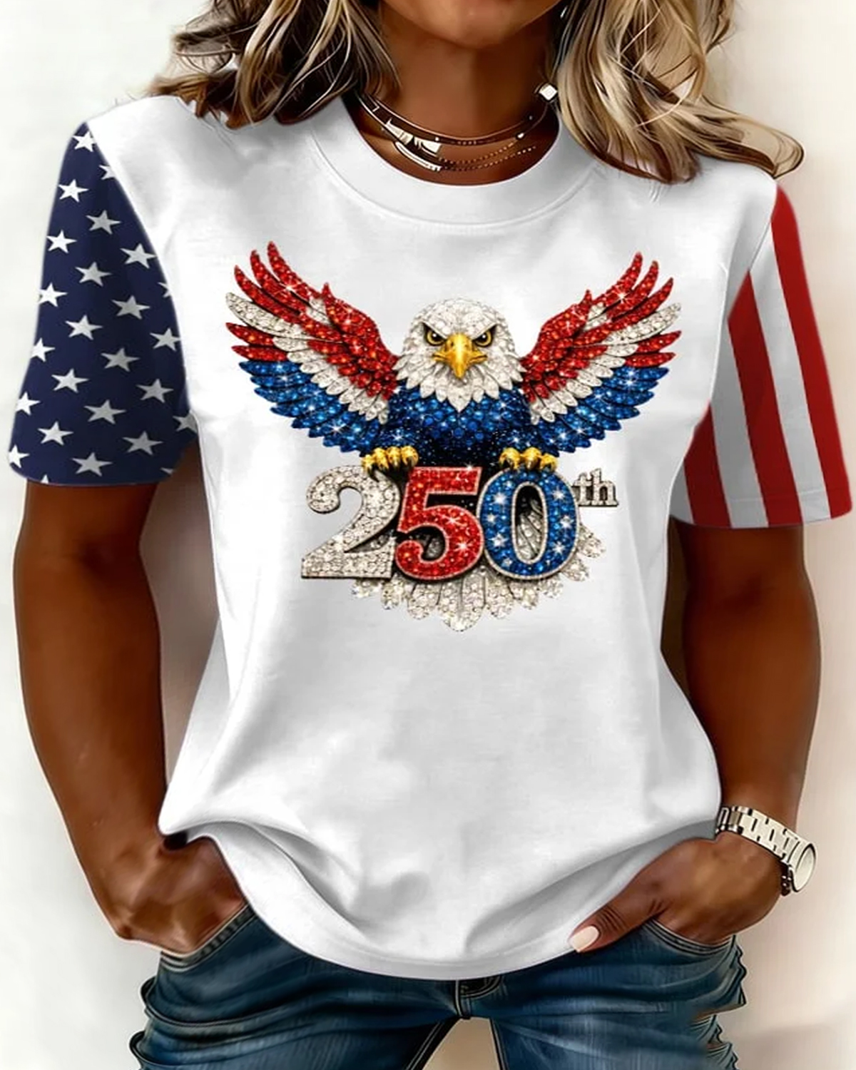 Plus Size Retro 250th Anniversary Art Casual Printed Round Neck Short-Sleeved Top