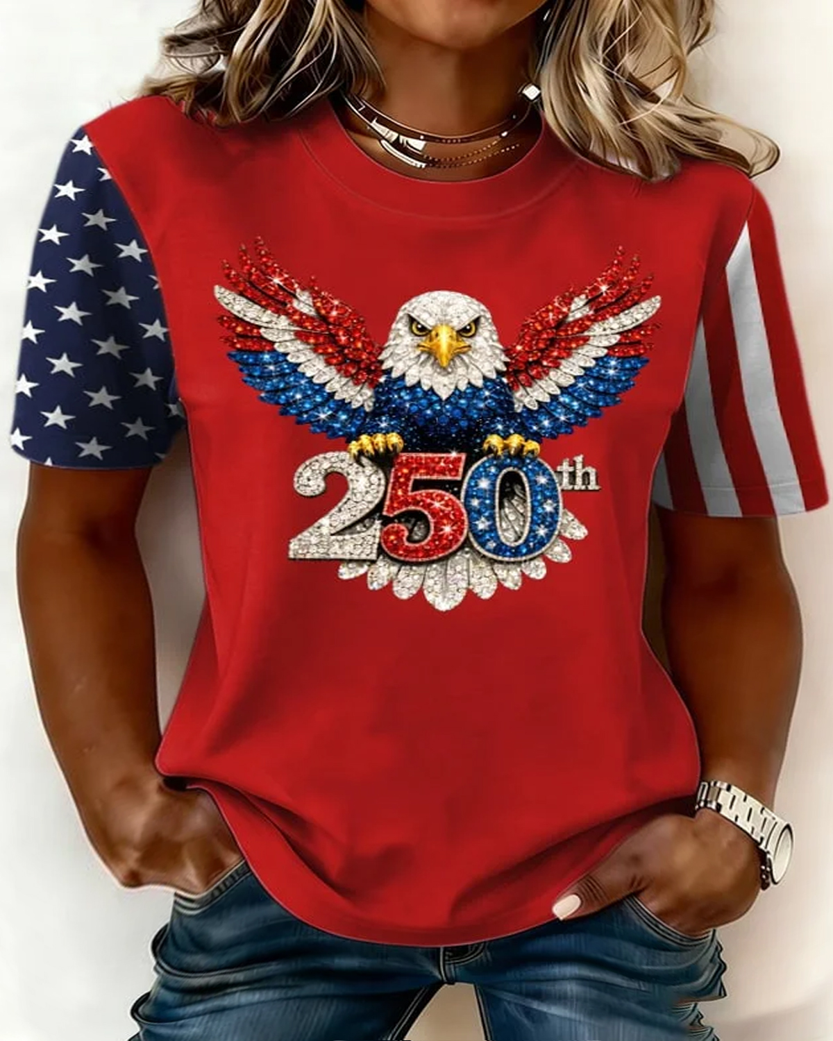 Plus Size Retro 250th Anniversary Art Casual Printed Round Neck Short-Sleeved Top